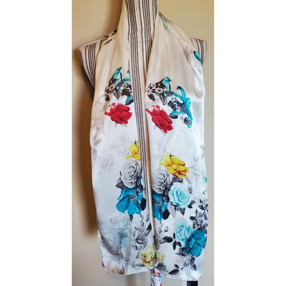 Vintage 100% Silk Rectangular Scarf Floral Bird Print Teal Red White 68x20